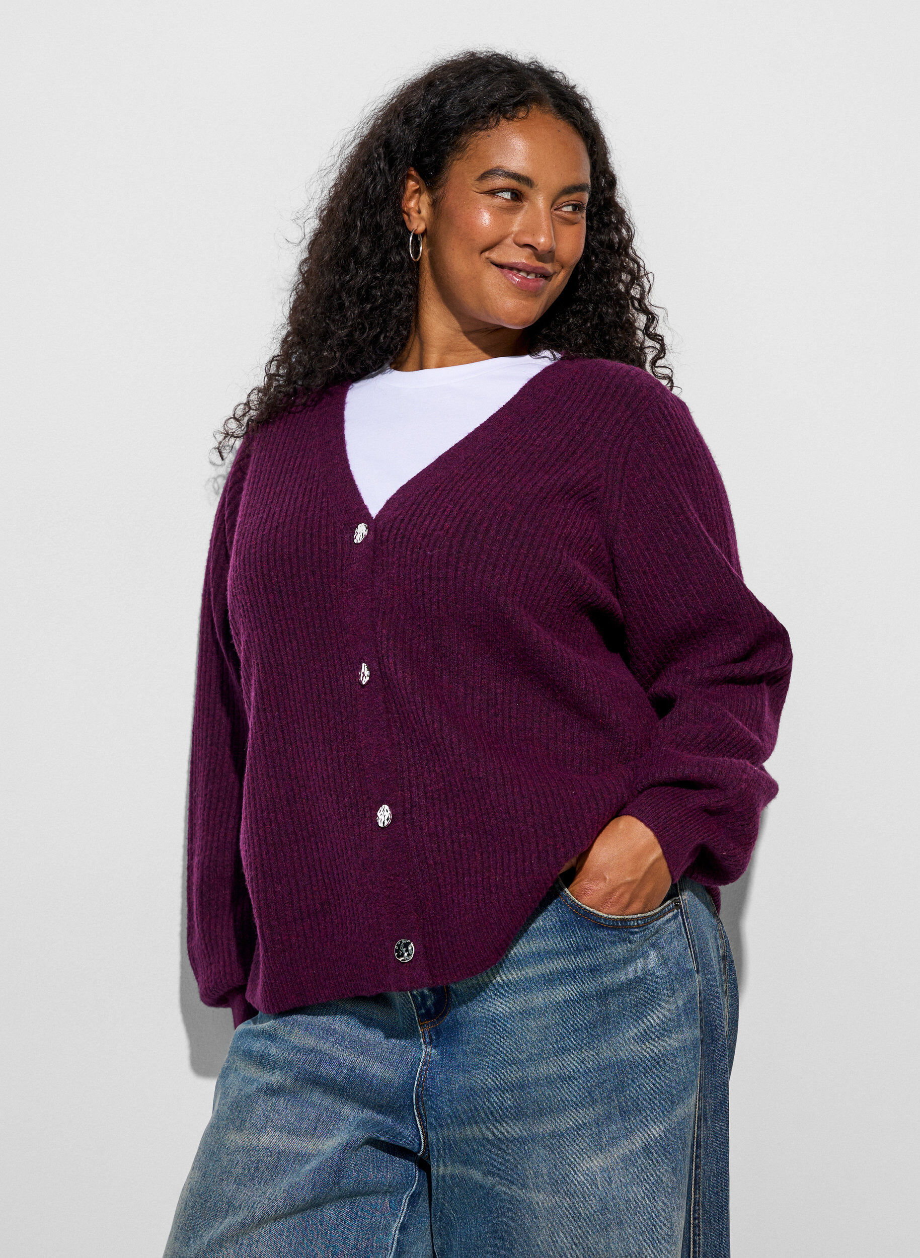 ZizziNeuletakki V-p&auml;&auml;ntiell&auml; ja ribatulla tekstuurilla, Violetti, Model image number 3