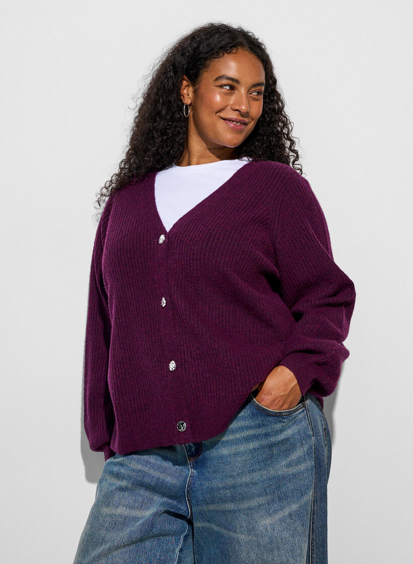 Neuletakki V-p&auml;&auml;ntiell&auml; ja ribatulla tekstuurilla, Violetti, Model image number 3