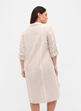 Puuvillasta ja pellavasta valmistettu raidallinen mekko, White Taupe Stripe, Model image number 1