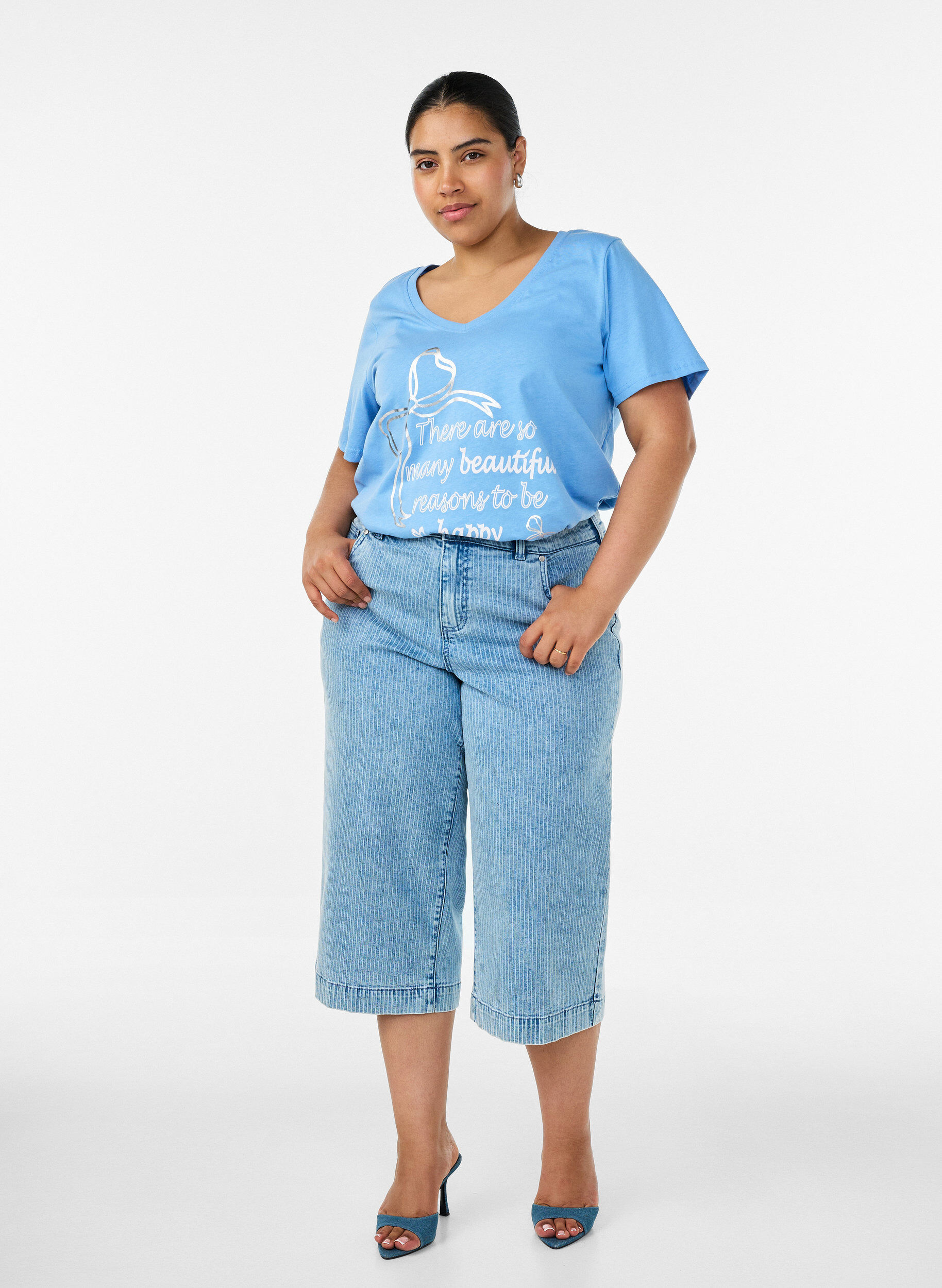 ZizziPuuvillainen V-aukollinen T-paita etupainatuksella, Sininen, Model image number 1