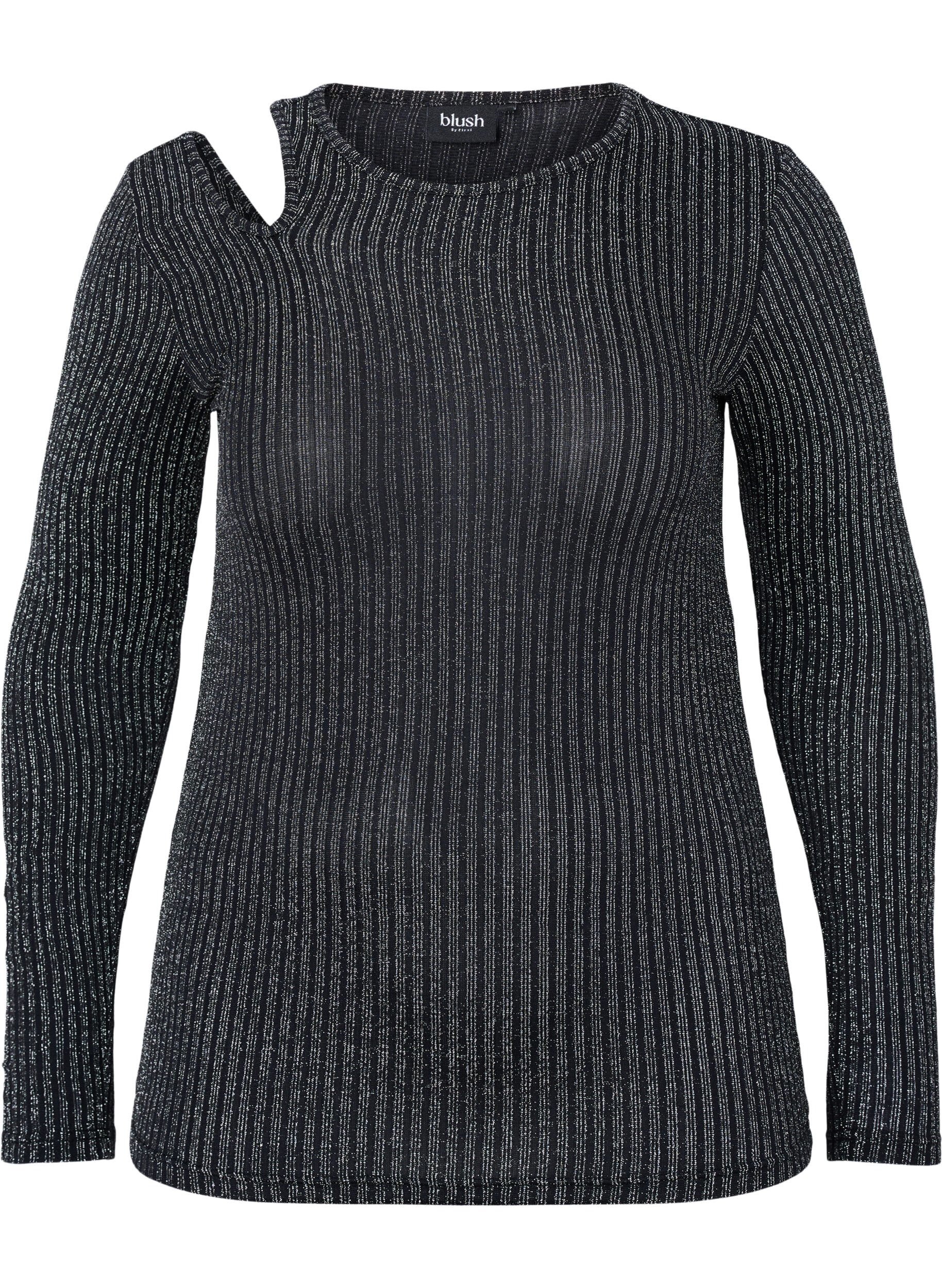 Zizzi Pitk&auml;hihainen cut out -pusero glitterill&auml;, B. w. Silver Stripes, Packshot image number 0