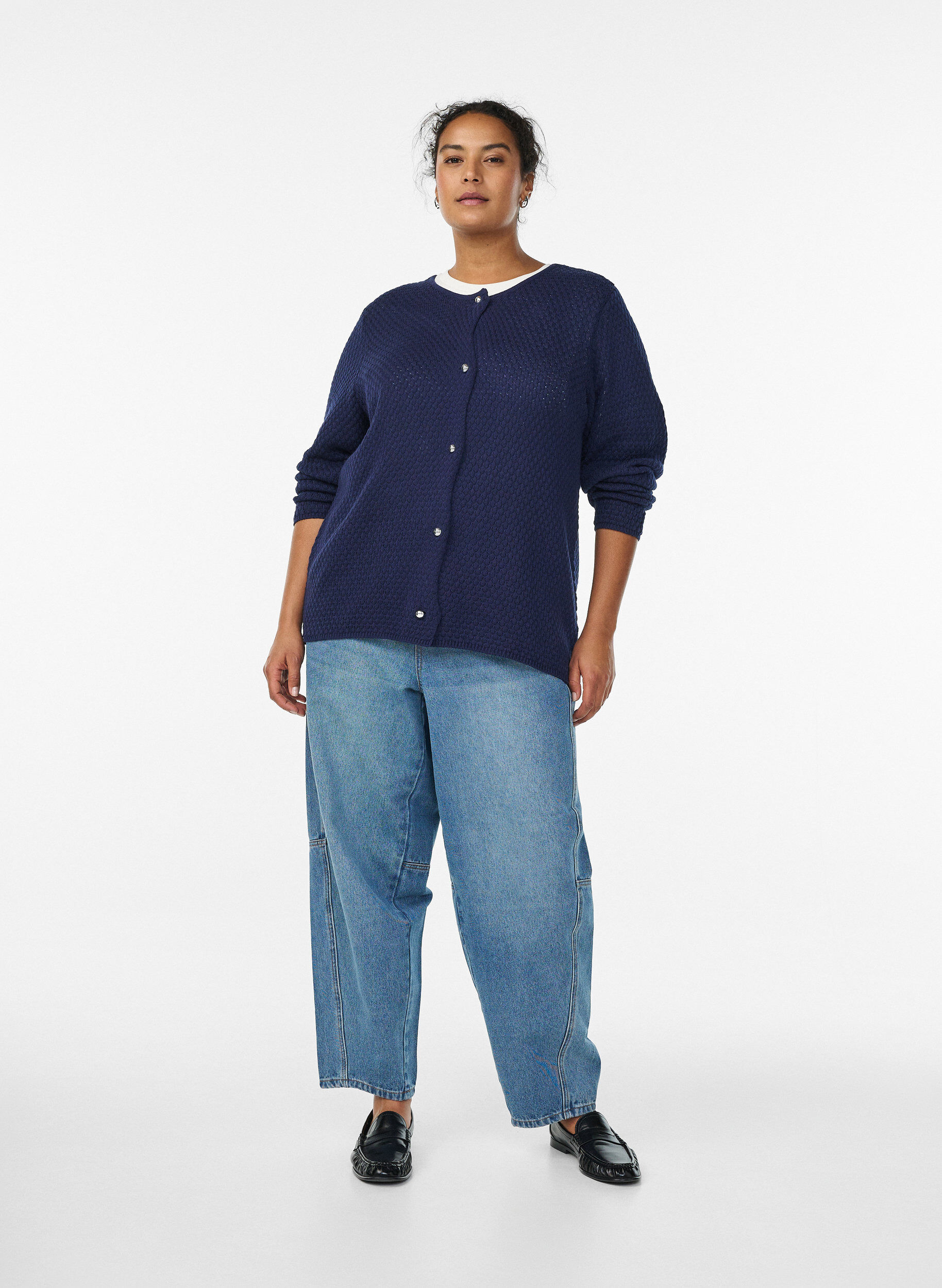 Zizzi Strukturoitu neuletakki pallonmuotoisilla napeilla, Sininen, Model image number 1