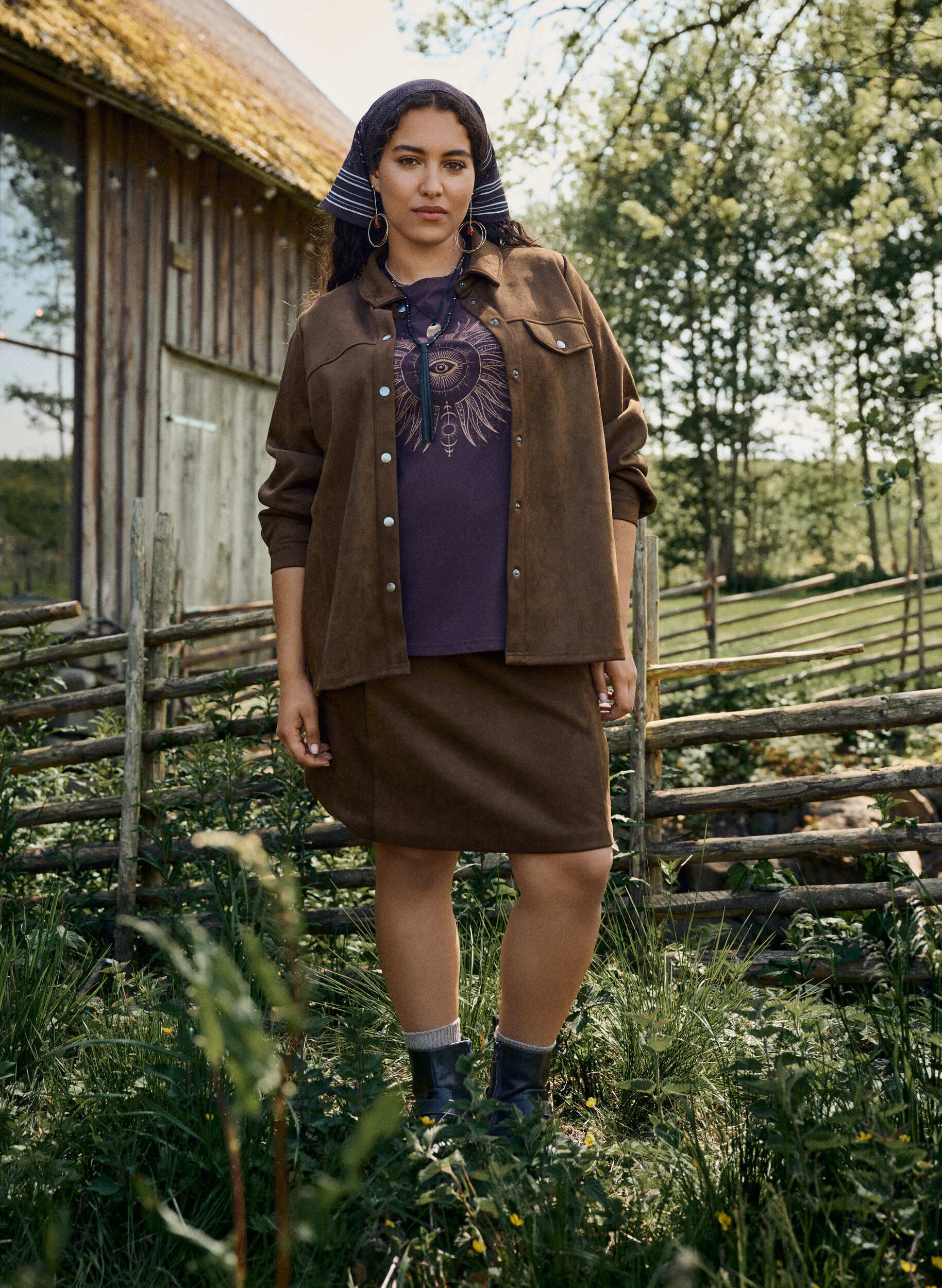 Zizzi Lyhyt mokkaj&auml;ljitelm&auml; A-linjainen hame, Ruskea, Image image number 0