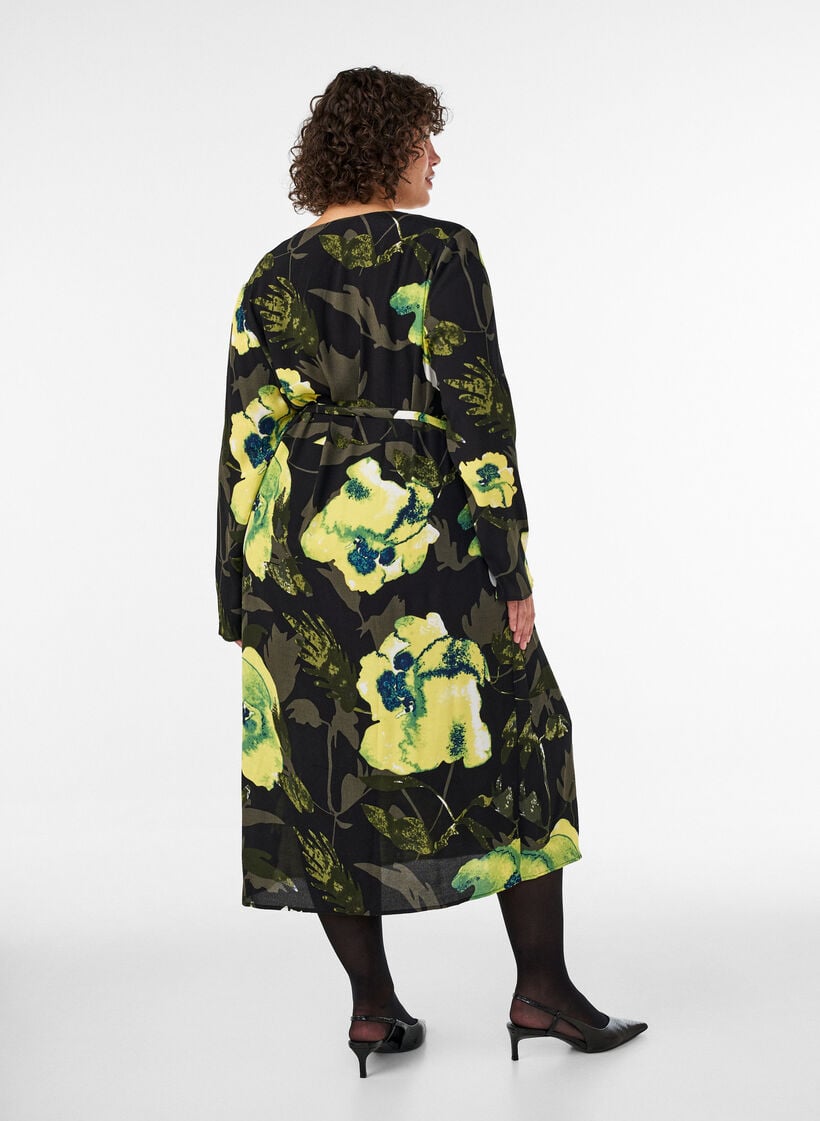 Kukkakuvioitu kietaisumekko viskoosista ja solmittavalla vy&ouml;ll&auml;, Musta, Model image number 1