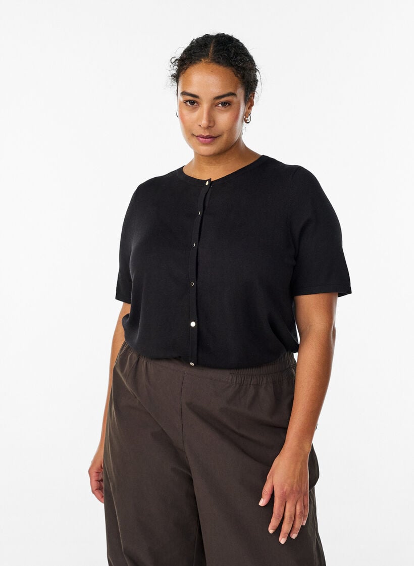 Lyhythihainen neuletakki viskoosista, Musta, Model image number 0