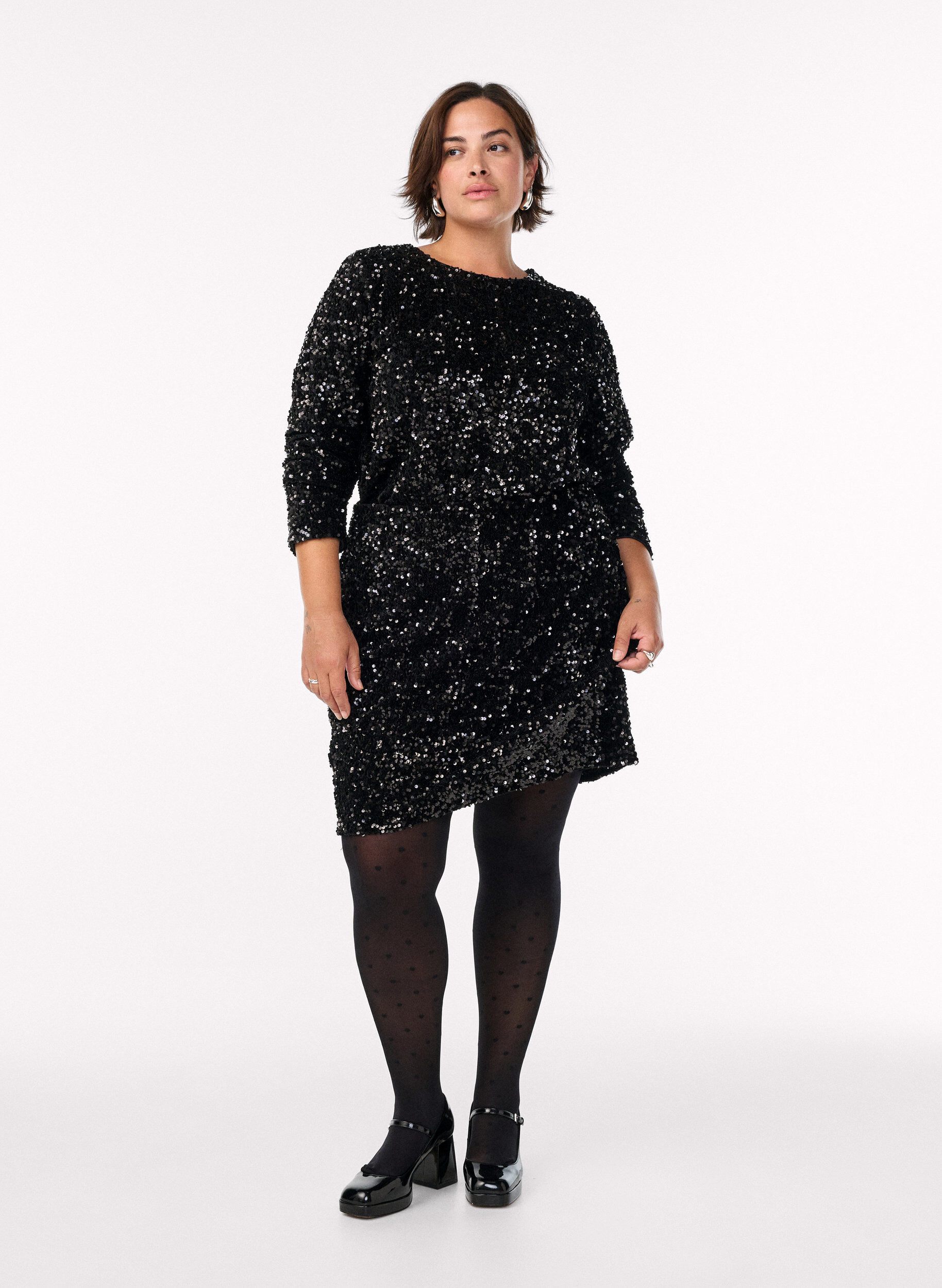 Zizzi Paljettipaita pitkill&auml; hihoilla, Musta, Model image number 1