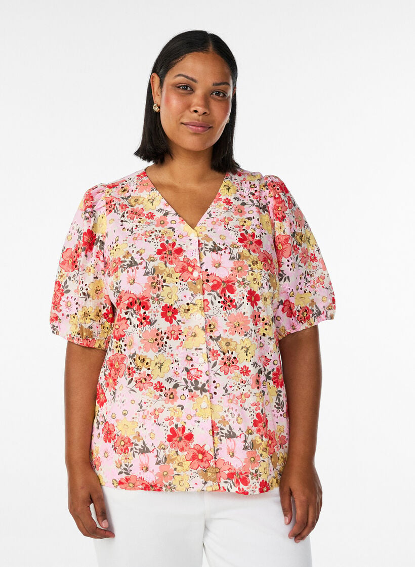 Kukkakuvioitu pusero reik&auml;kirjailulla ja V-p&auml;&auml;ntiell&auml;, Vaaleanpunainen, Model image number 0