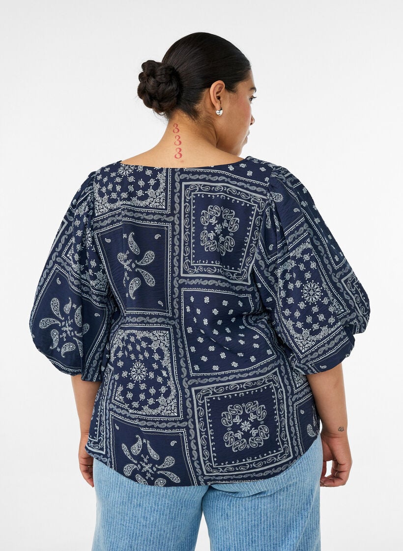 Viskoosipusero paisley-kuviolla ja pallohihoilla, Sininen, Model image number 2