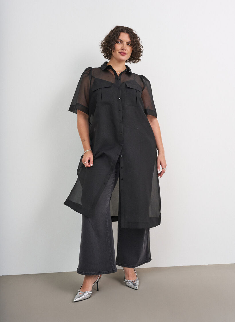 Organza-mekko rintataskuilla ja puffihihoilla, Musta, Model image number 0