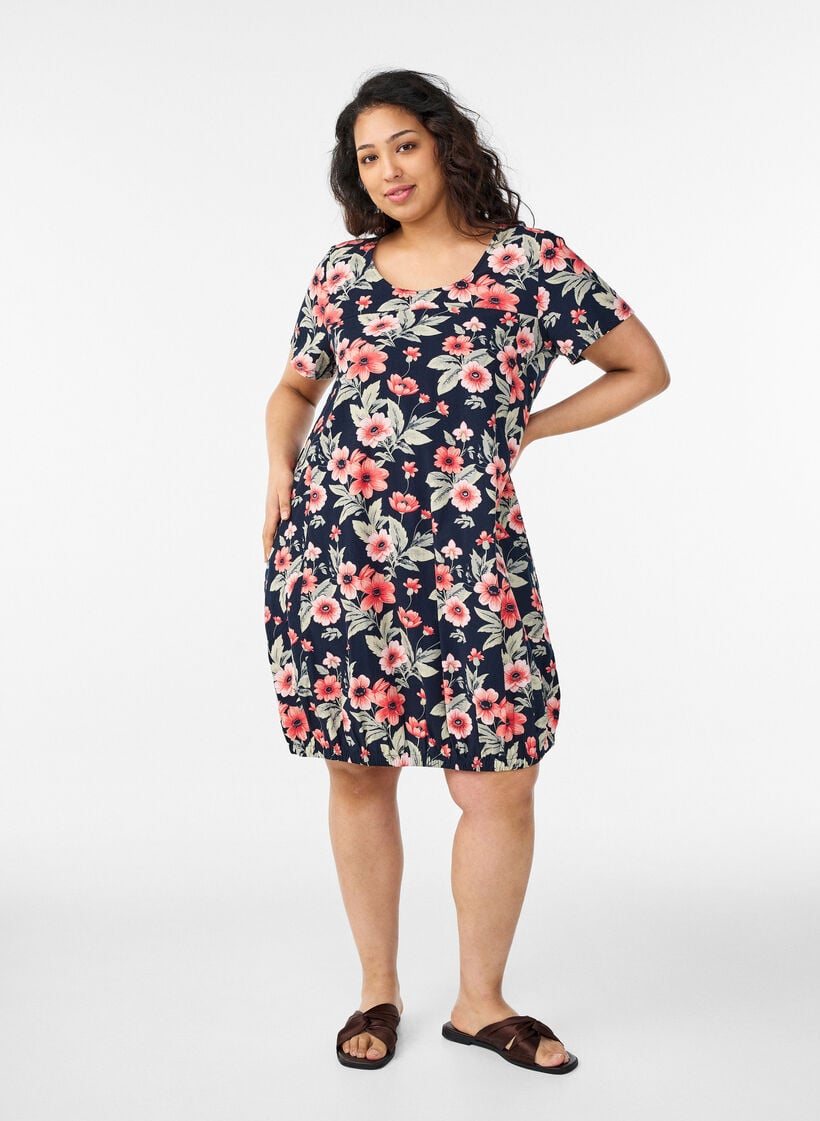 Lyhythihainen puuvillamekko printill&auml;, Sininen, Model image number 1