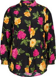 Kukallinen paitapusero napeilla ja smokkirypytyksellä, Black Flower AOP