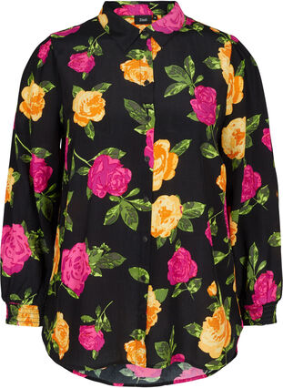 Kukallinen paitapusero napeilla ja smokkirypytyksellä, Black Flower AOP, Packshot image number 0