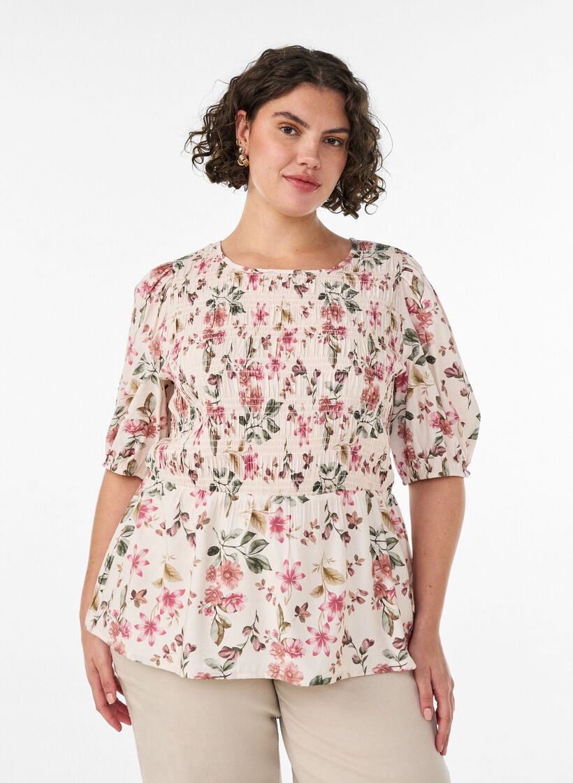 Viskoosipusero smokkauksella ja peplum-efektill&auml;, Vanilja, Model image number 0