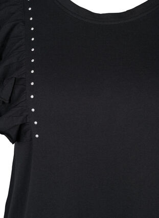 Puuvillainen t-paita röyhelöllä ja niiteillä, Black, Packshot image number 2