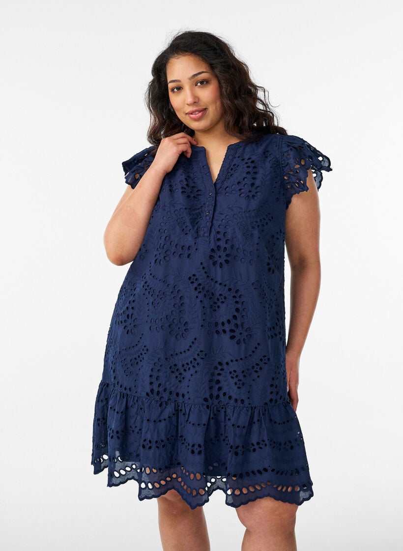 Broderie anglaise -mekko r&ouml;yhel&ouml;hihoilla, Sininen, Model image number 0