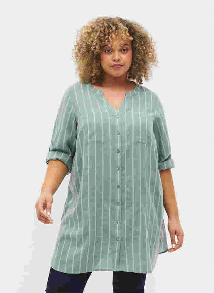 Raidallinen paita v-aukolla, Balsam Green Stripe, Model