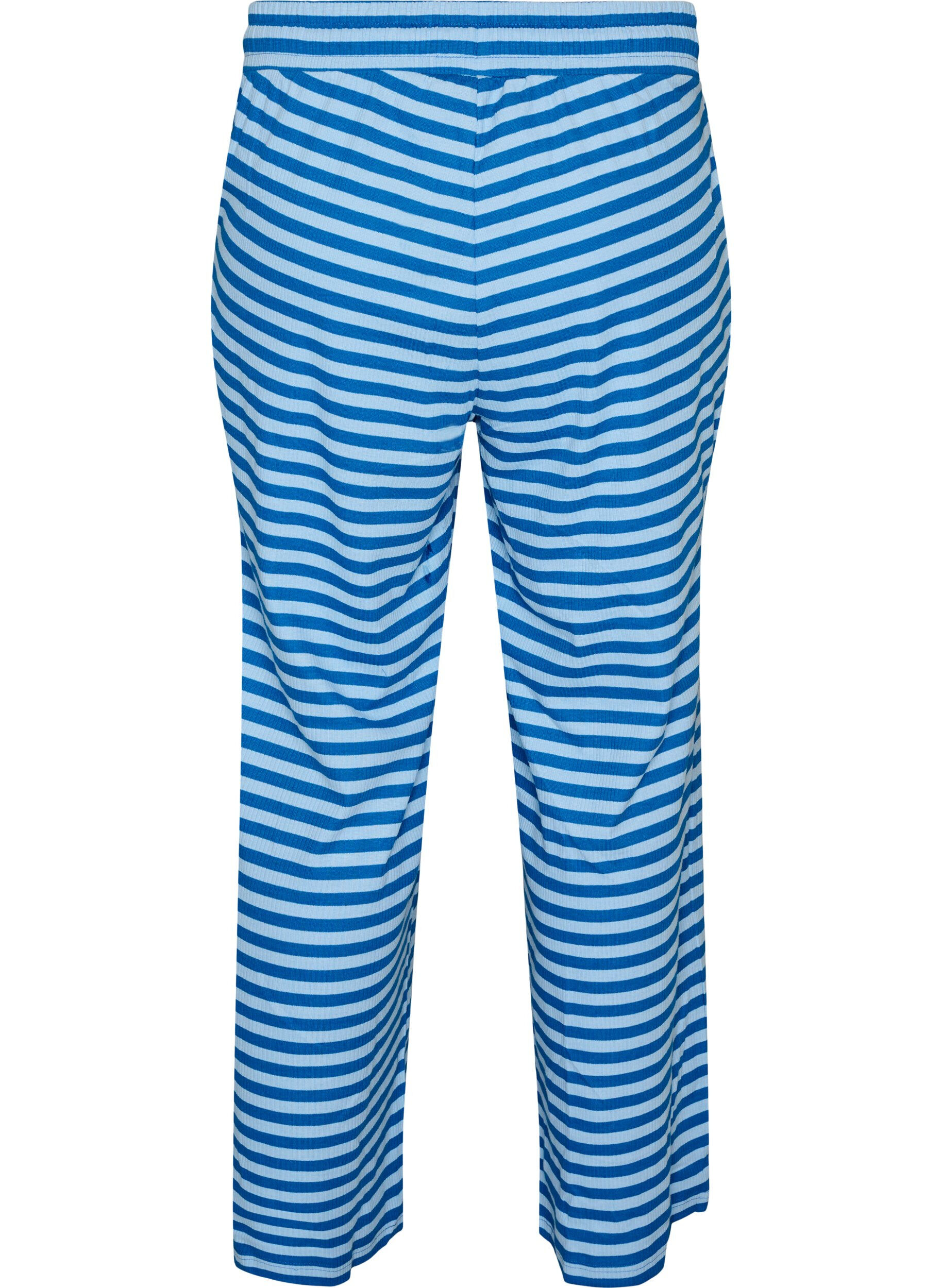 ZizziRaidalliset pyjamahousut korkealla vy&ouml;t&auml;r&ouml;ll&auml; ja leveill&auml; lahkeilla, Sininen, Packshot image number 1
