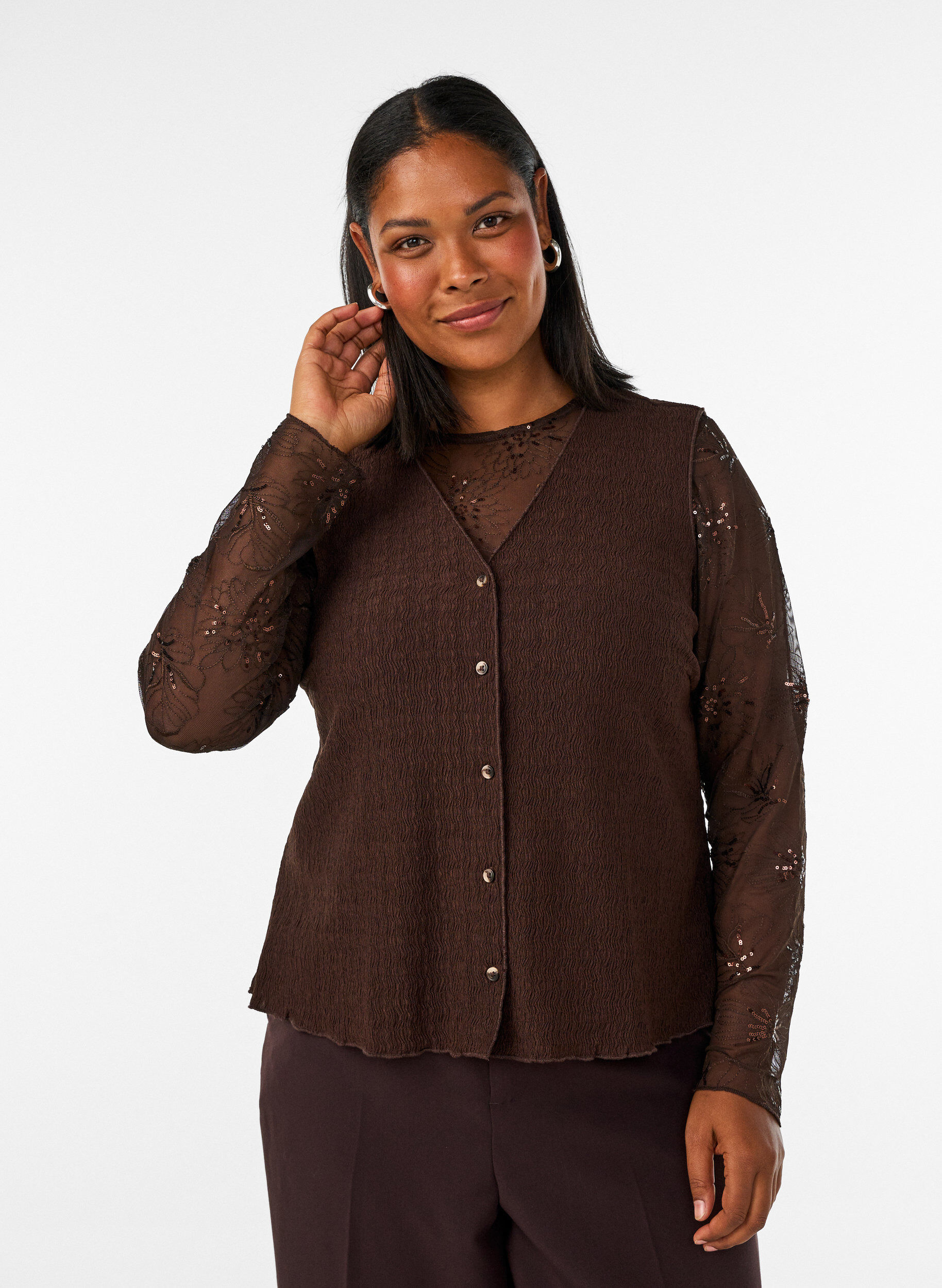 ZizziMeshpusero kukilla ja paljeteilla, Ruskea, Model image number 0