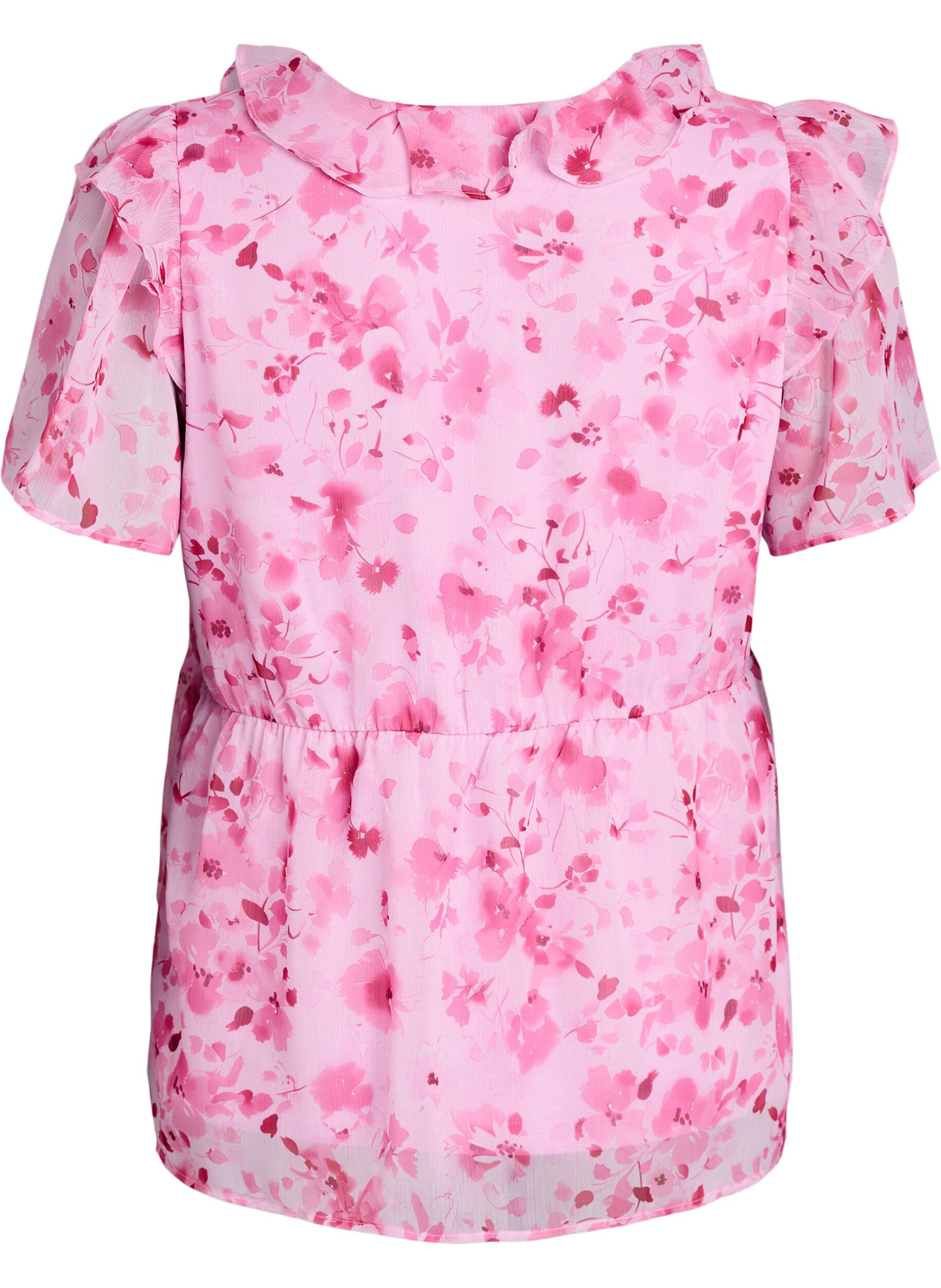 ZizziKukkakuvioinen pusero r&ouml;yhel&ouml;kauluksella ja peplum-efektill&auml;, Vaaleanpunainen, Packshot image number 1