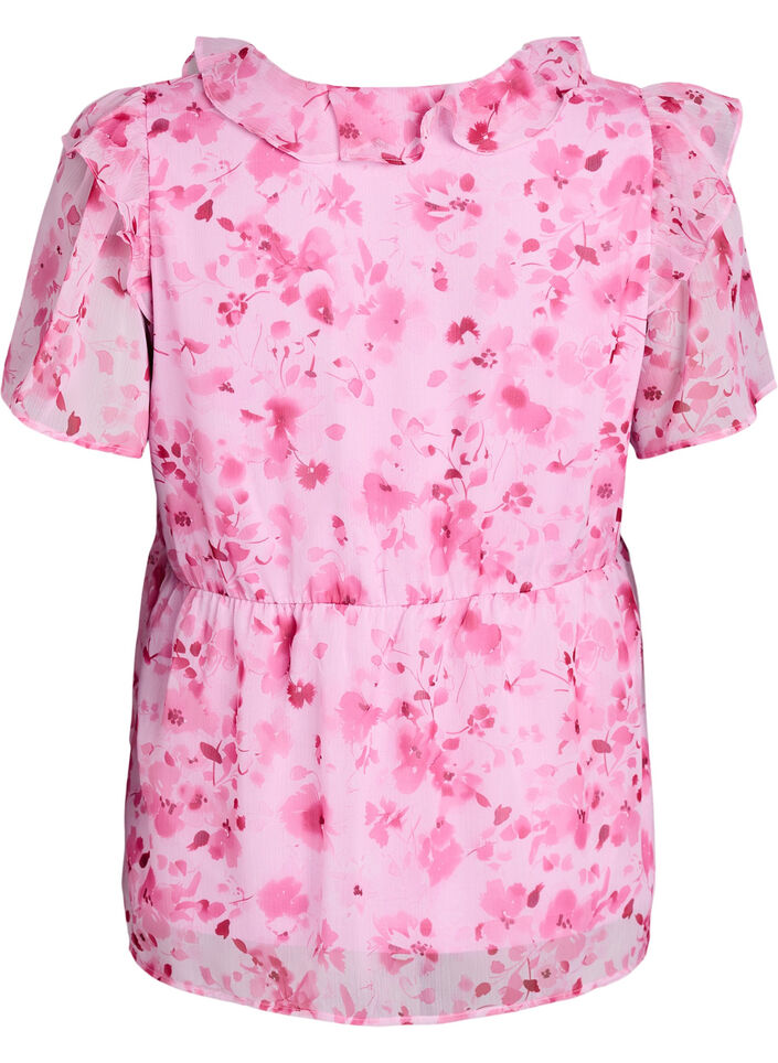 Kukkakuvioinen pusero r&ouml;yhel&ouml;kauluksella ja peplum-efektill&auml;, Vaaleanpunainen, Packshot image number 1