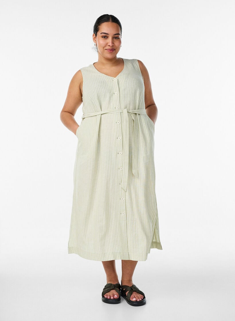 Hihaton raidallinen midimekko pellavasta ja viskoosista, Vihre&auml;, Model image number 0