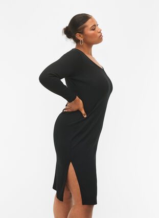 Tyköistuva mekko, jossa on pitkät hihat ja halkio, Black, Model image number 2