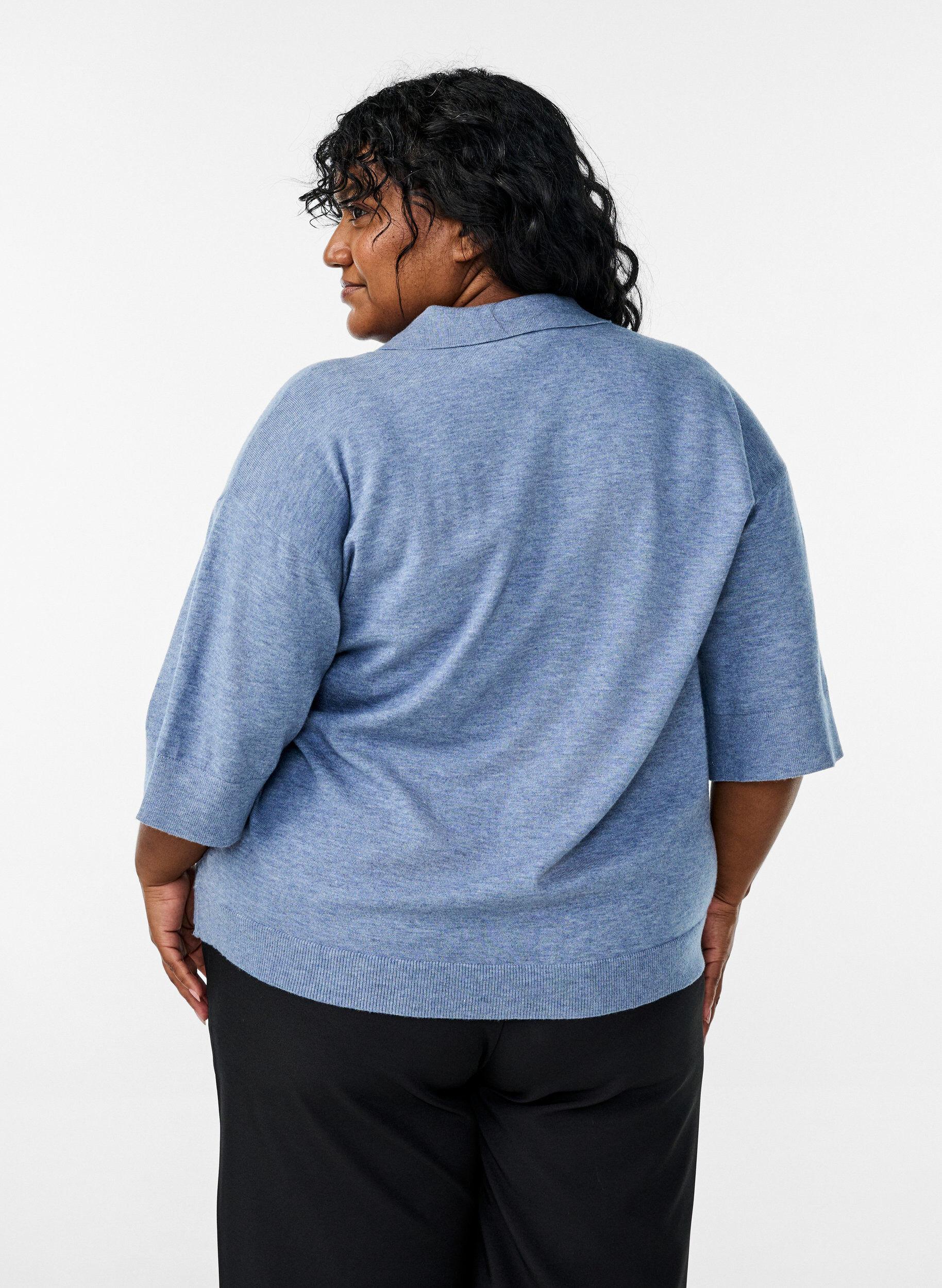 Zizzi Lyhythihainen, kauluksellinen neulepusero, Sininen, Model image number 2