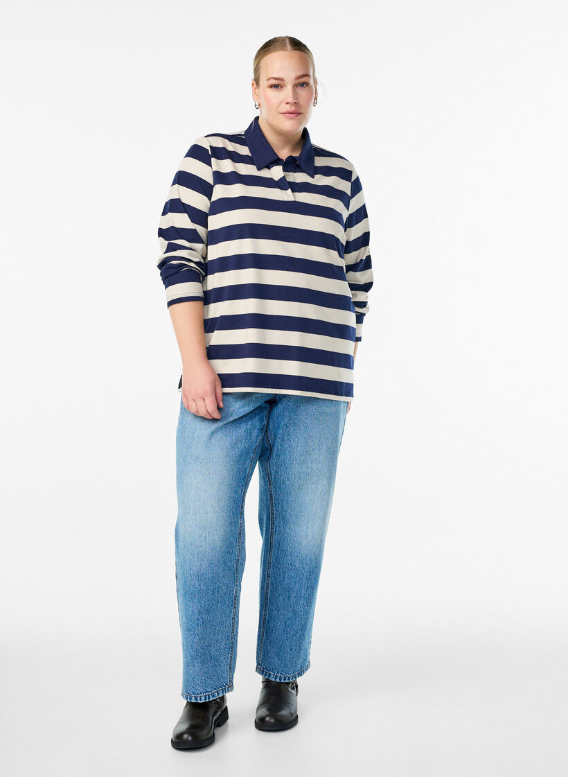 Pitkähihainen pikeepaita leveillä raidoilla, Sininen, Model image number 1