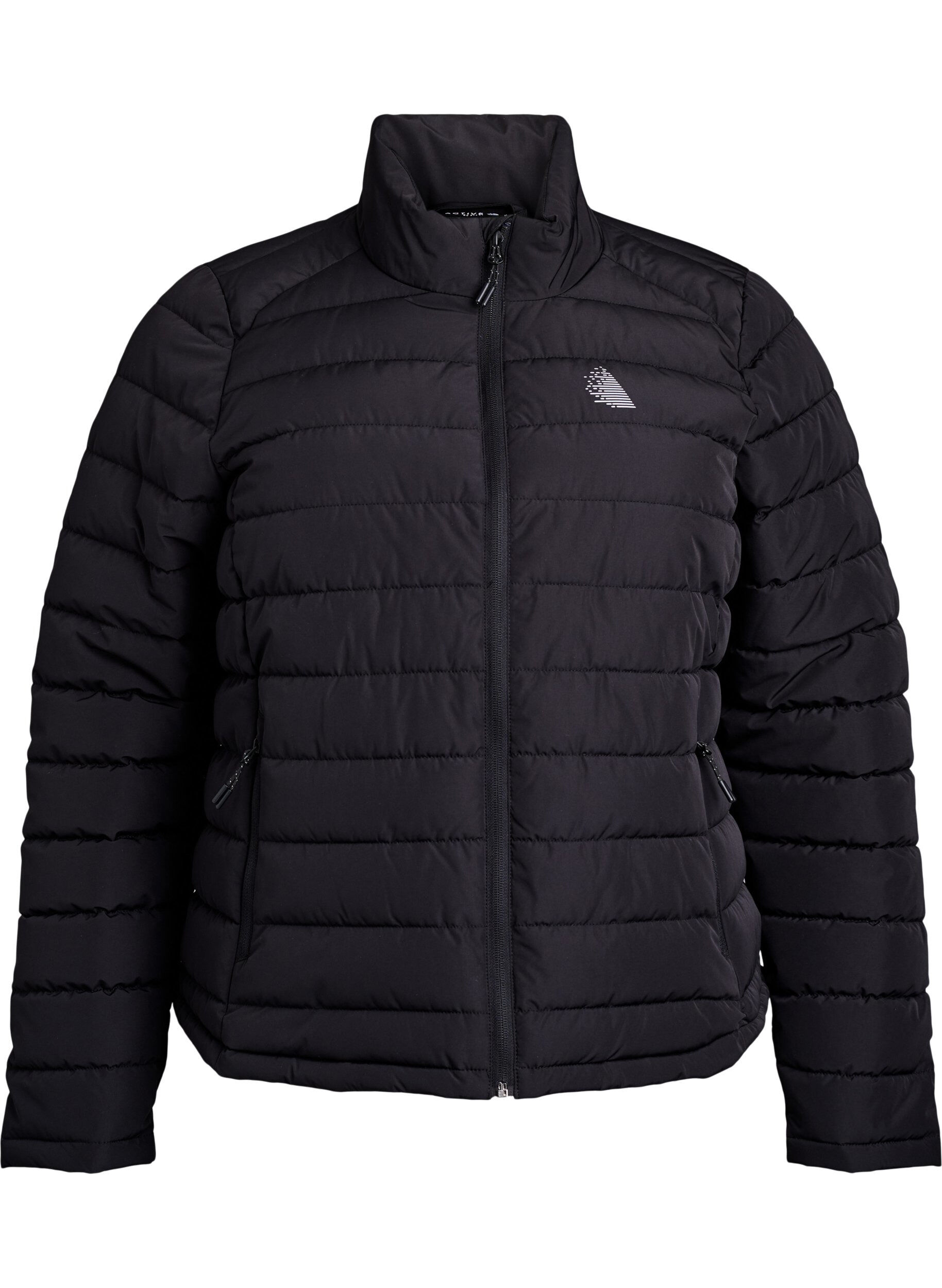 Sporttinen topattu takki, jossa on korkea kaulus ja taskut