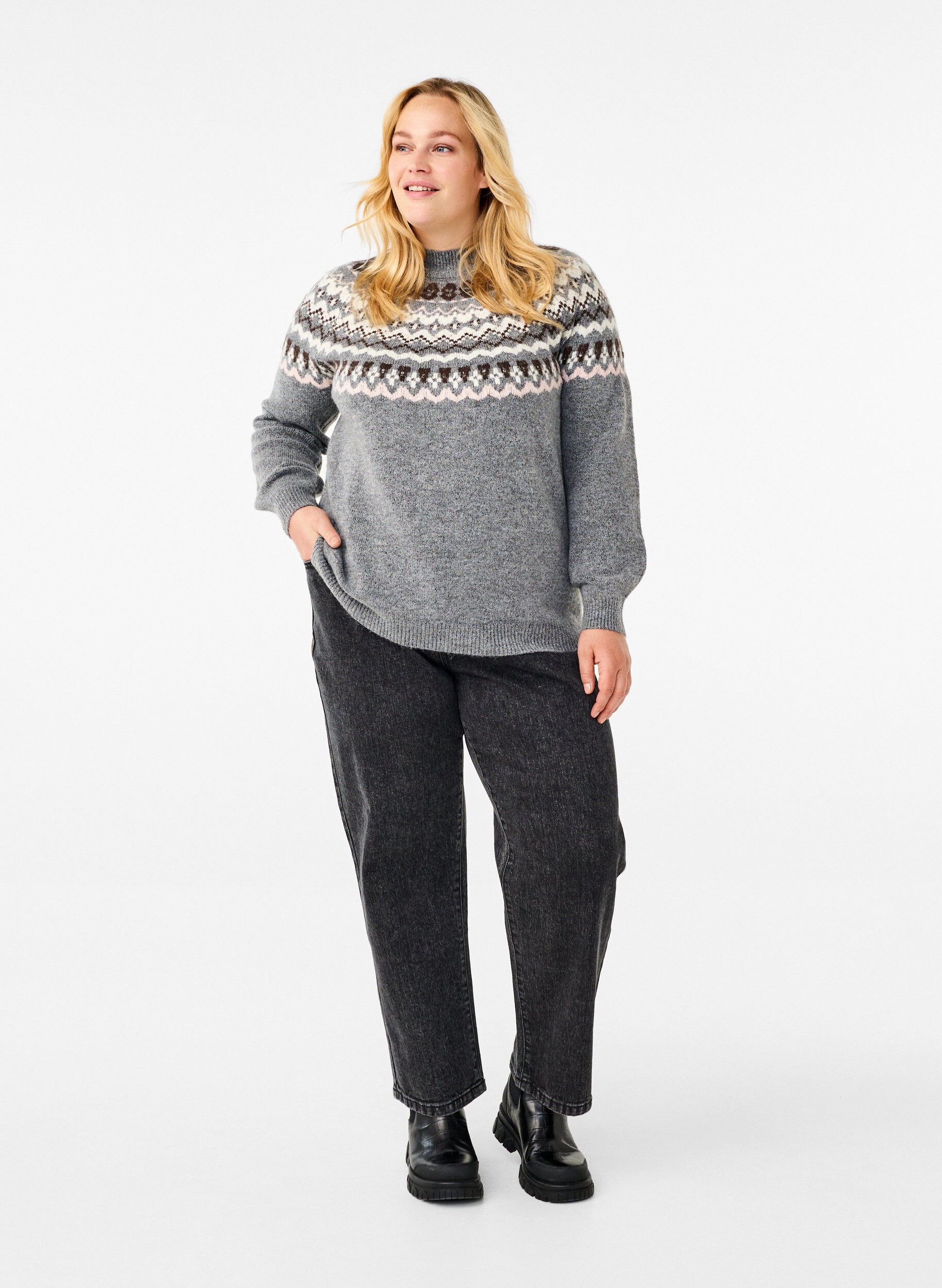 Zizzi Neulepaita kuvioilla ja pitkill&auml; hihoilla, Medium Grey Comb, Model image number 2