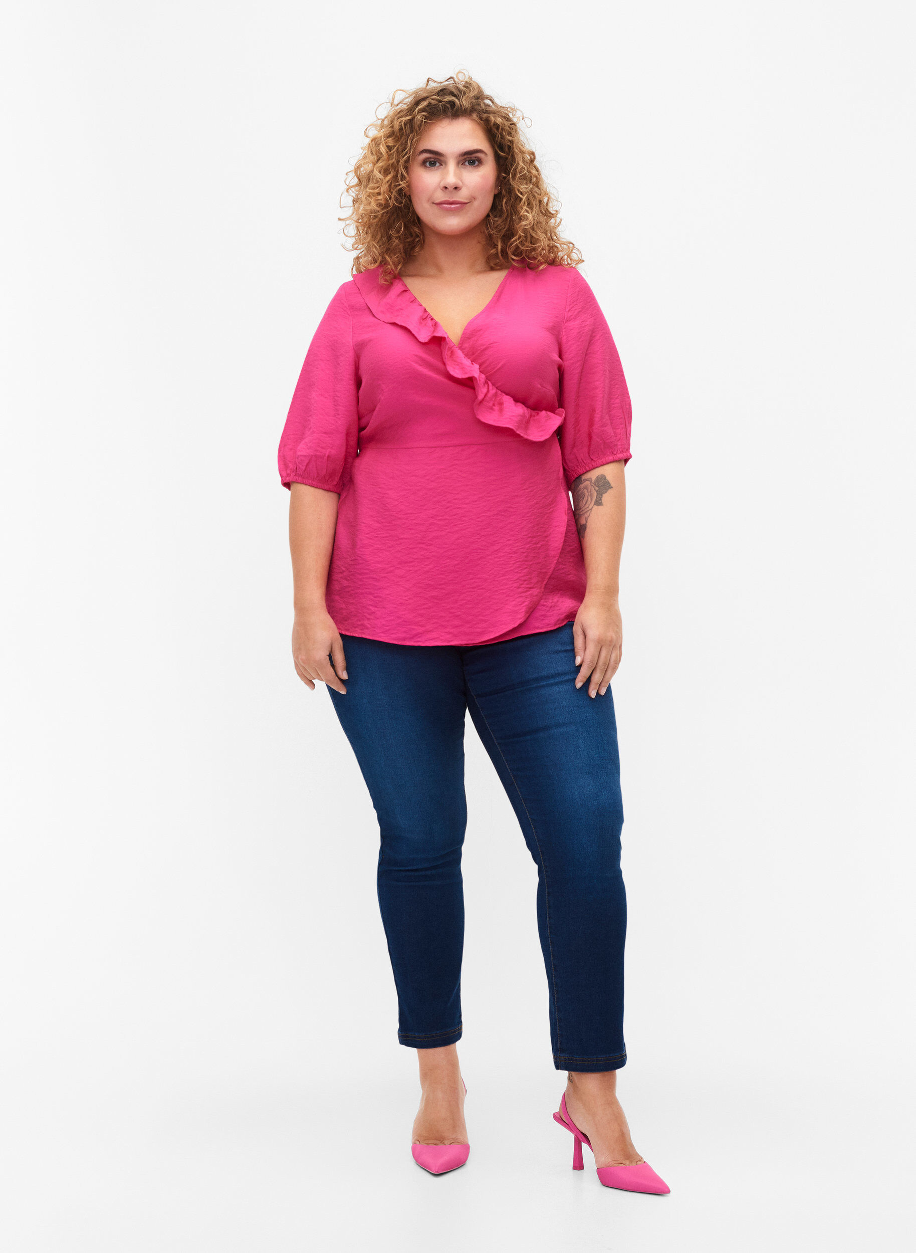 Zizzi Viskoosinen kietaisupusero, jossa on 1/2 pituiset hihat., Beetroot Purple, Model image number 2