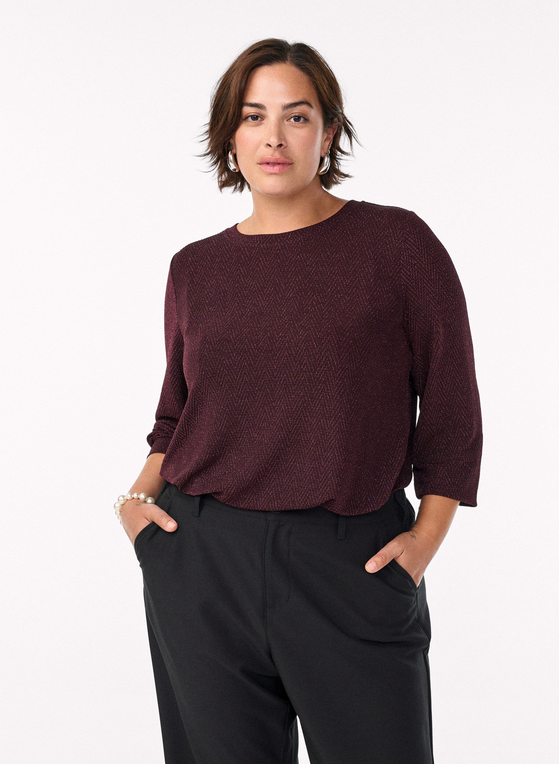 Pusero, jossa kalanruotokuvio ja kimallelanka, Tumma Bordeaux, Model