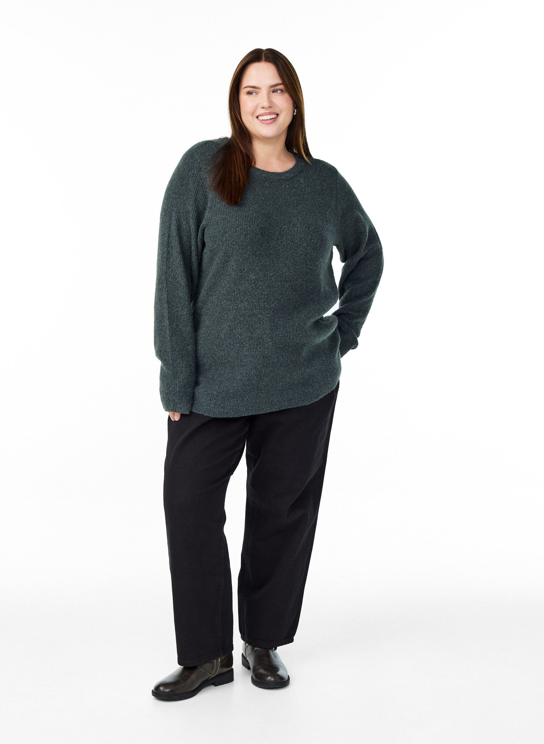 Zizzi Melange-neulepusero py&ouml;re&auml;ll&auml; p&auml;&auml;ntiell&auml;, Vihre&auml;, Model image number 1