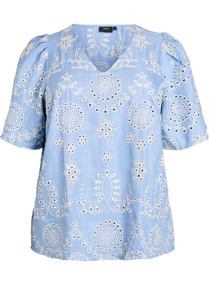 Pusero broderie anglaise -koristelulla ja lyhyillä puffihihoilla, Sininen, Packshot image number 0