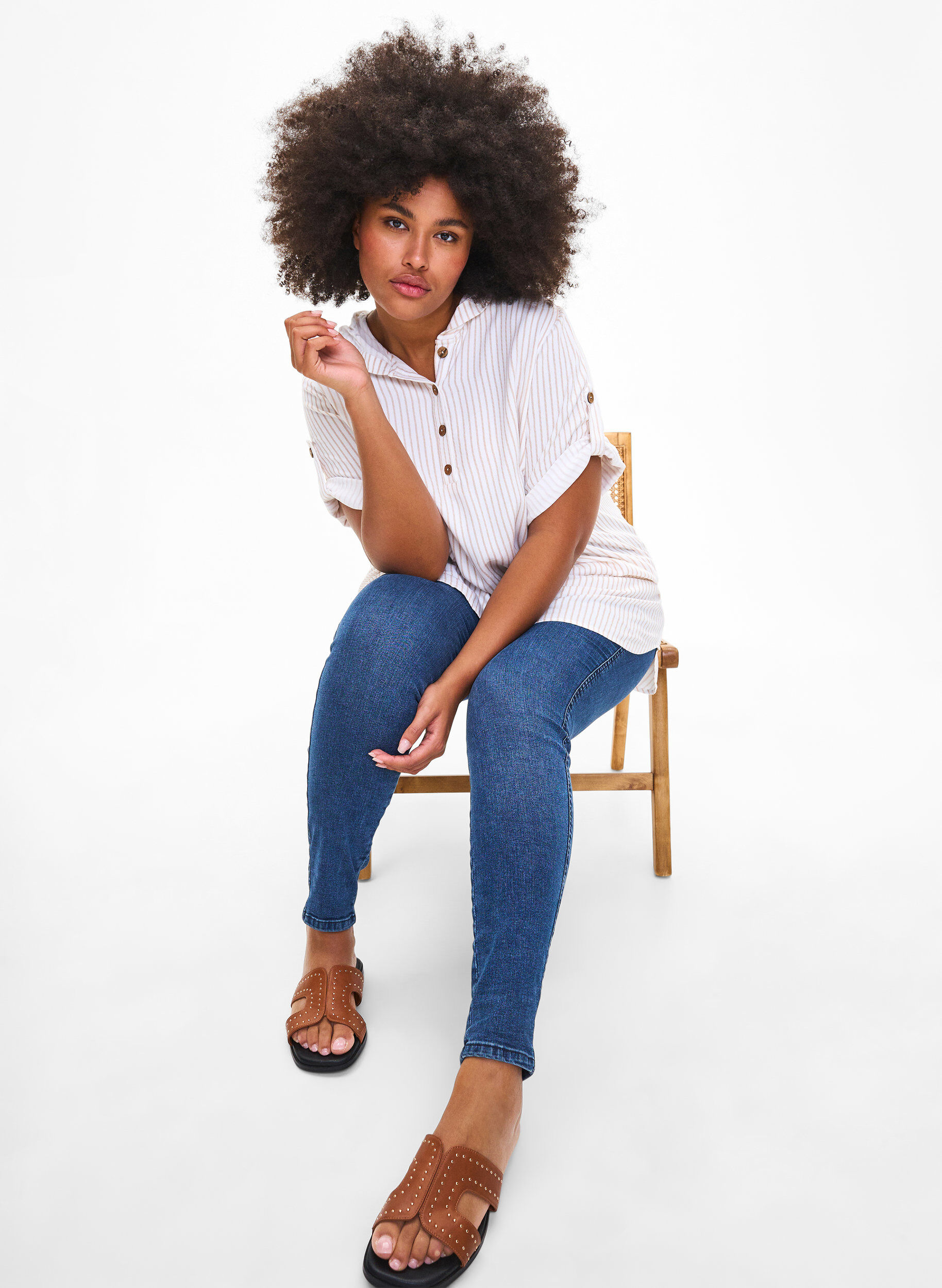 Zizzi Lyhythihainen hupullinen viskoositunika, White Natural Stripe, Image image number 0