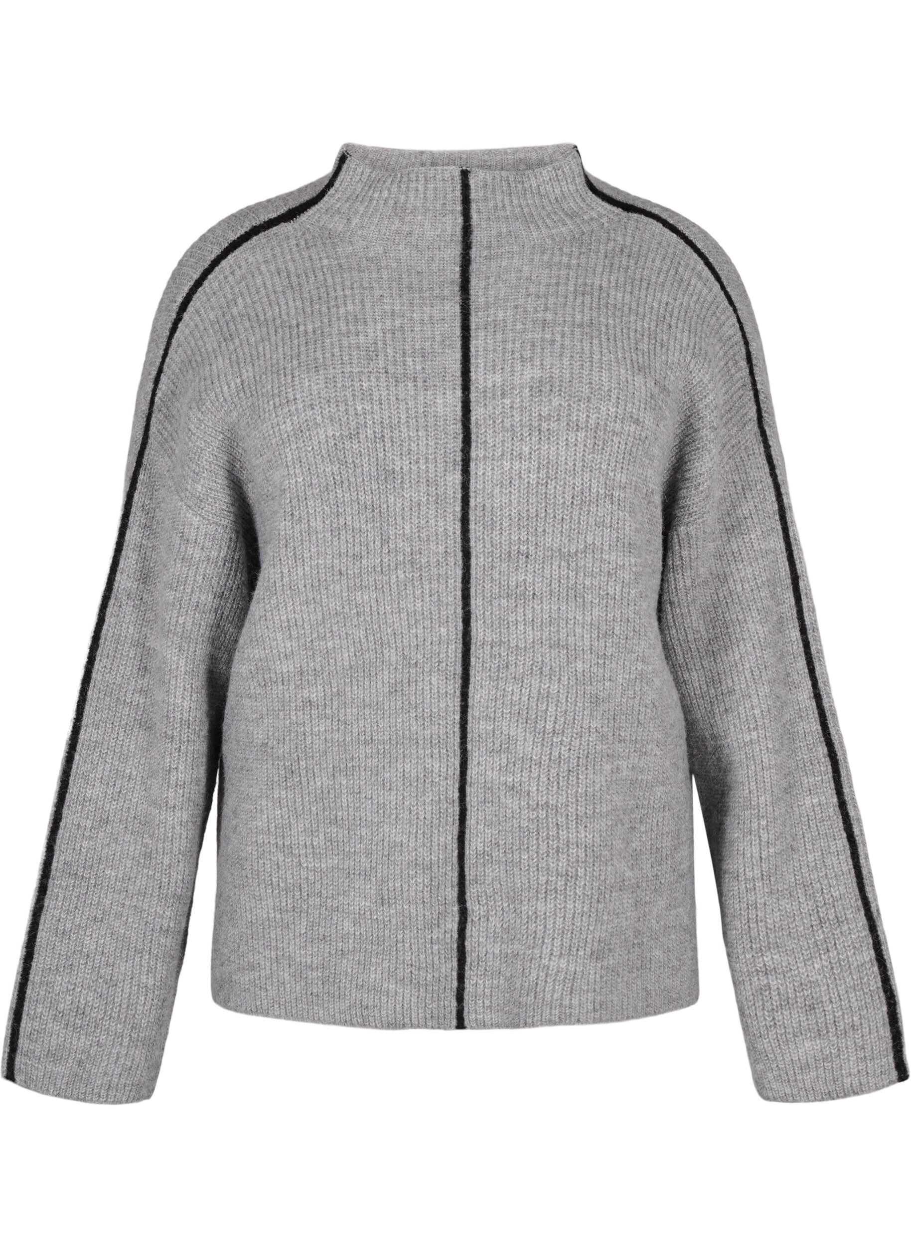 Zizzi Neulepusero villalla ja kontrastiraidoilla, Medium Grey Melange, Packshot image number 0