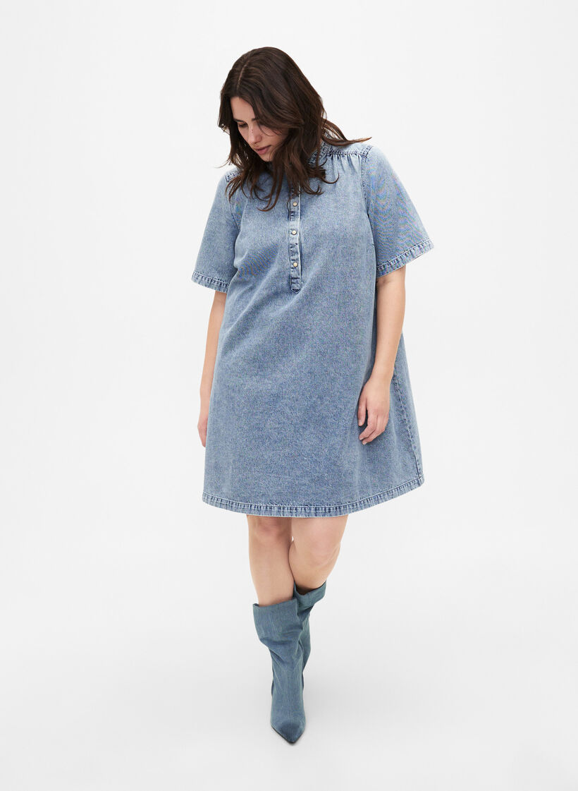 Lyhythihainen farkkumekko, jossa on A-linjainen leikkaus, Blue denim, Model image number 2