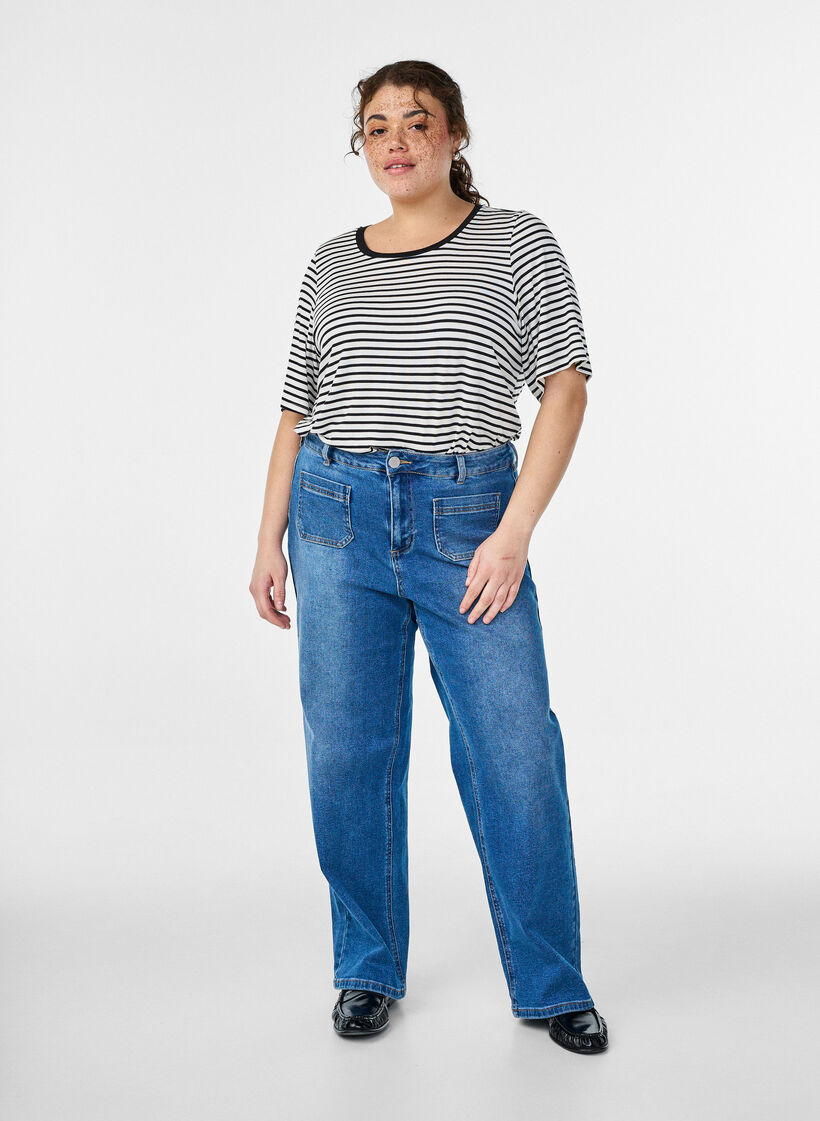 T-paita TENCEL&trade; Lyocellista ja raidoilla, Valkoinen, Model image number 1