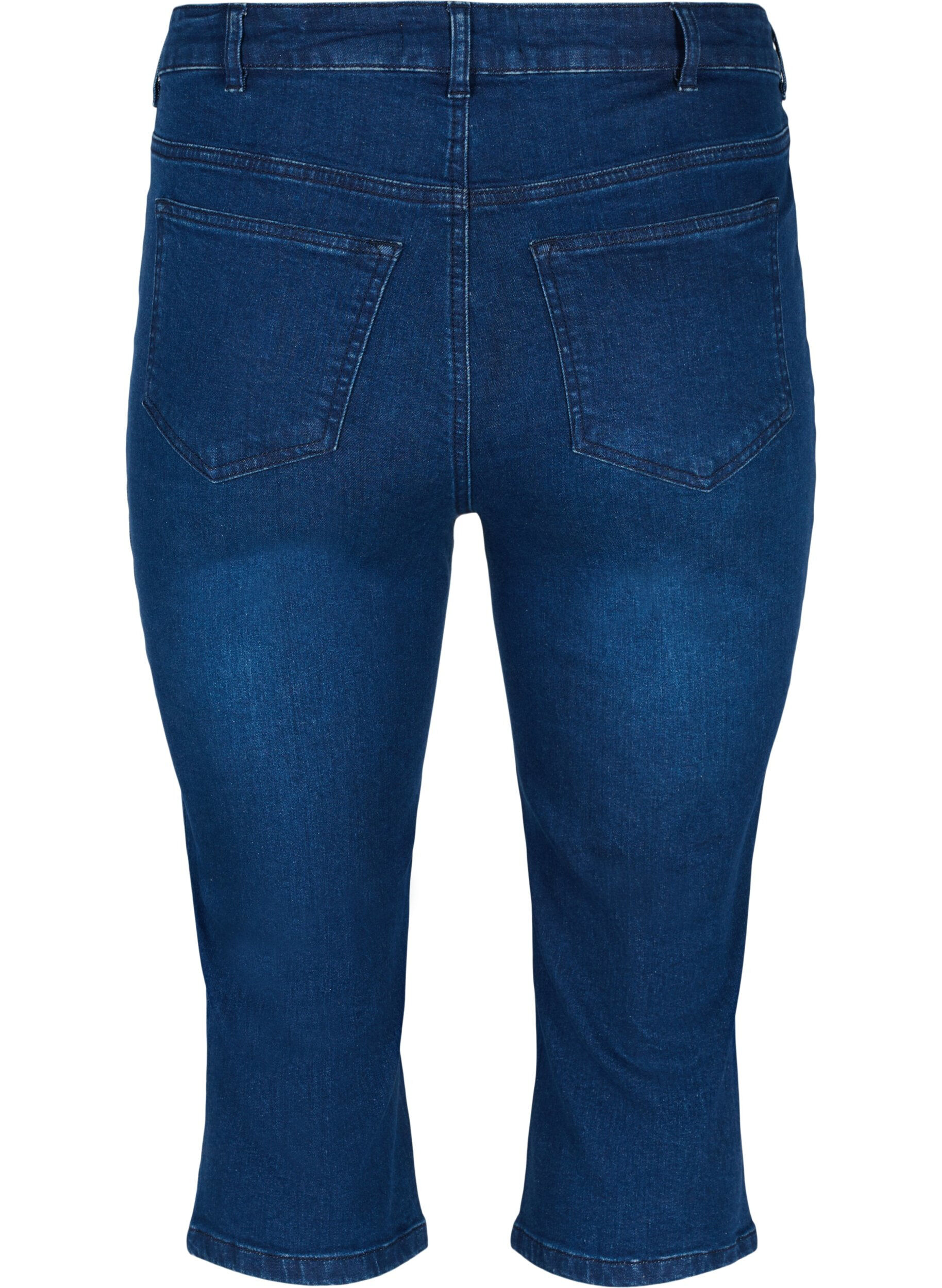 Zizzi Tyk&ouml;istuvat farkkucaprit puuvillasta, Dark blue denim, Packshot image number 1