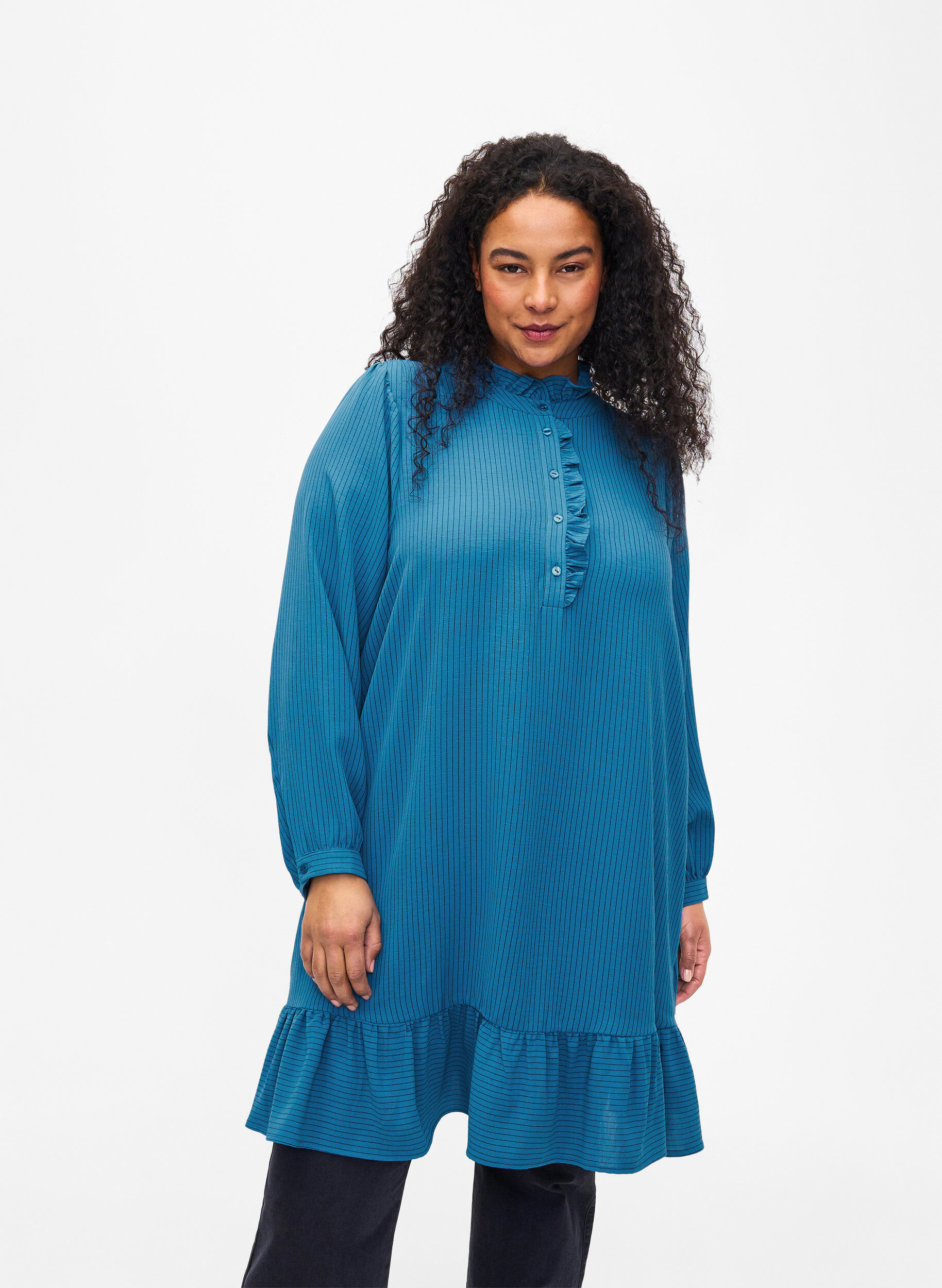 Zizzi Raidallinen mekko, jossa on r&ouml;yhel&ouml;yksityiskohtia, Sininen, Model image number 0