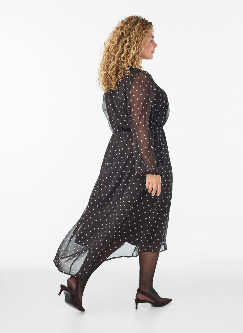 Chiffonmekko pilkuilla ja pitk&auml;t hihat, Ruskea, Model image number 1