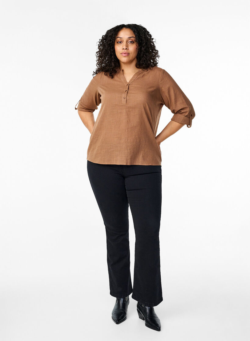 Puuvillainen paitapusero V-kaula-aukolla, Coca Mocha, Model image number 3