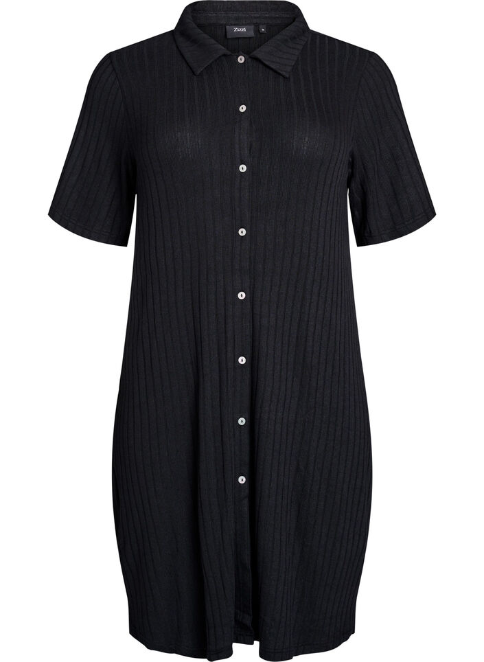 Polvimittainen jersey-kauluspaitamekko lyhyillä hihoilla, Musta, Packshot image number 0