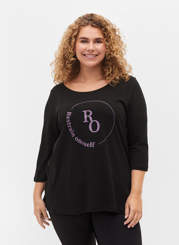 Puuvillainen t-paita 3/4-hihoilla, Black RO, Model image number 0
