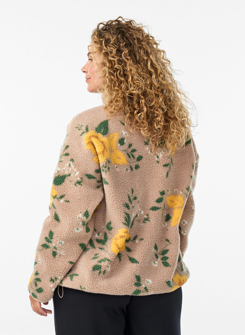 Kukkafleecetakki korkealla kauluksella ja vetoketjulla, Beige, Model image number 2