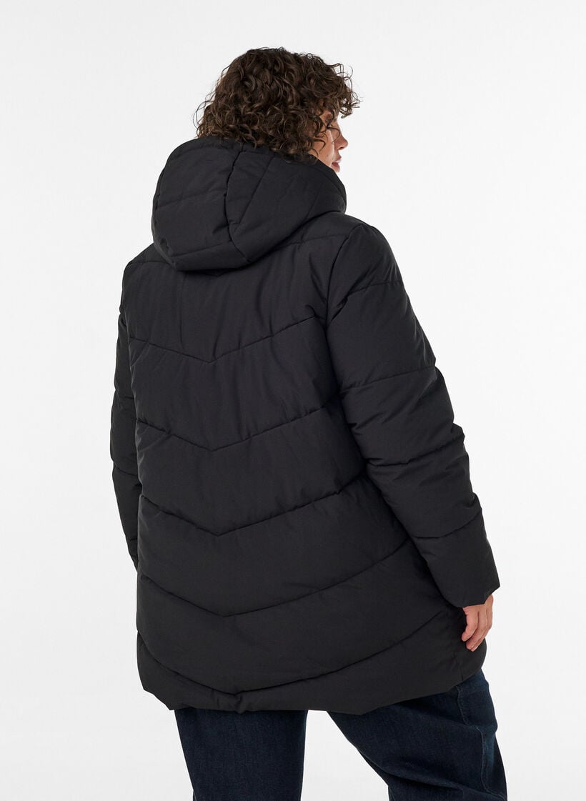 Keskipitk&auml; toppatakki hupulla, Musta, Model image number 2
