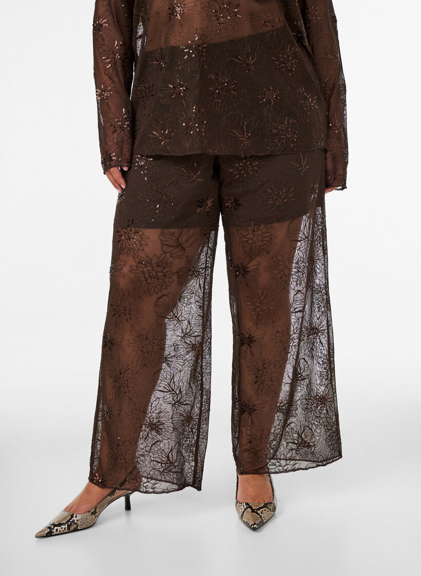 Verkkohousut kukkakirjailulla ja paljeteilla, Ruskea, Model image number 2