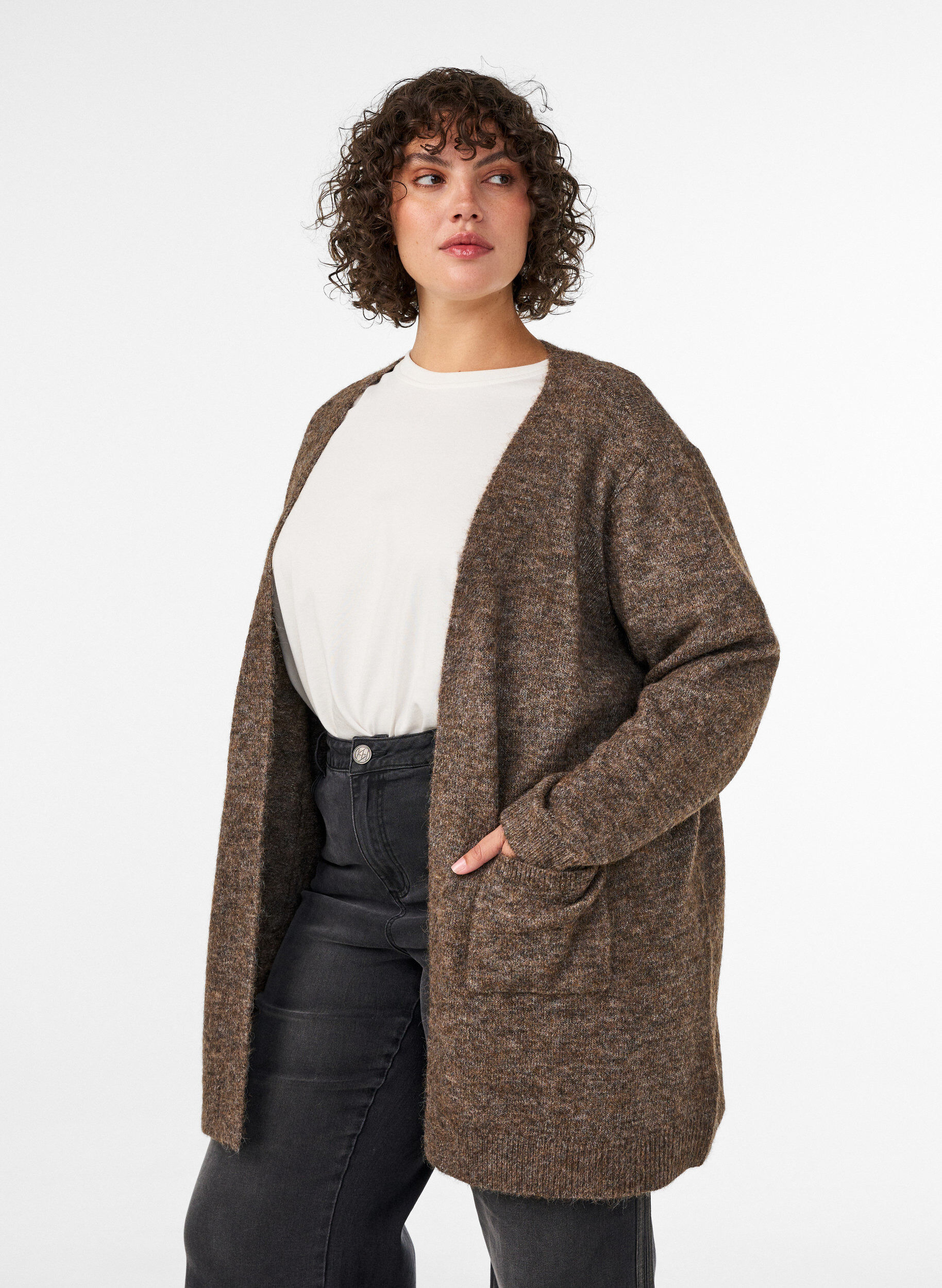 ZizziPitk&auml; neuletakki taskuilla, Ruskea, Model image number 0