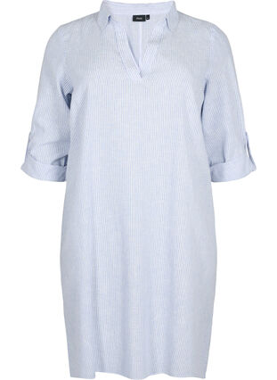 Puuvillasta ja pellavasta valmistettu raidallinen mekko, Blue Stripe, Packshot image number 0