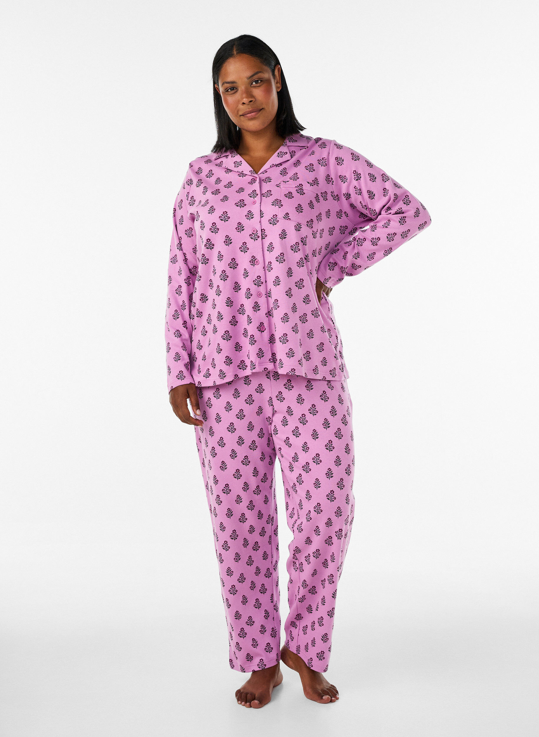 ZizziPuuvillainen pyjamapaita rintataskulla, Vaaleanpunainen, Model image number 1